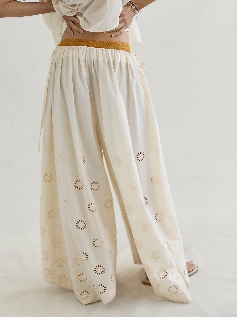 Free People Cream Eyelet Wide-Leg Pants